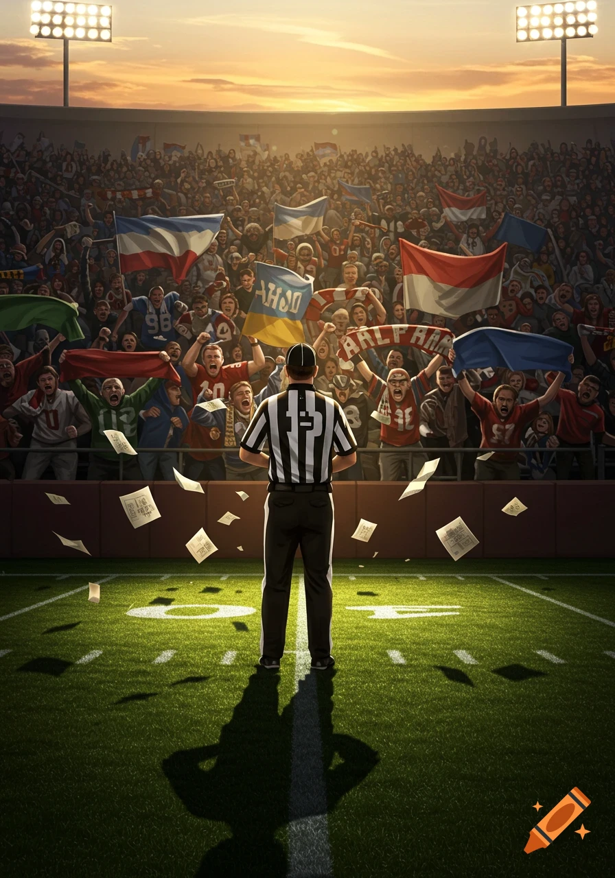 An American football referee stands on a field facing a cheering, angry crowd in a stadium at sunset, with papers flying.