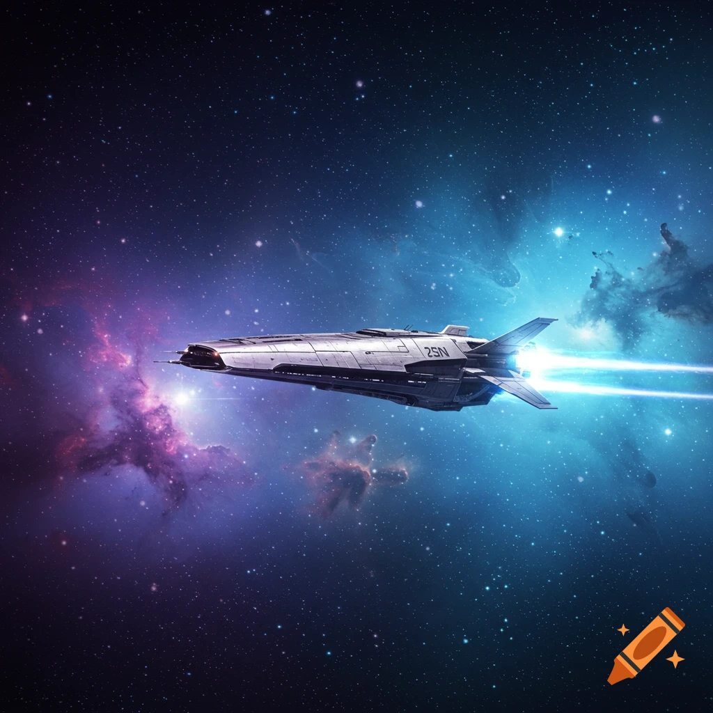 A sleek, grey spaceship with glowing blue engines flies through a vast, star-filled nebula with purple and blue gas clouds.