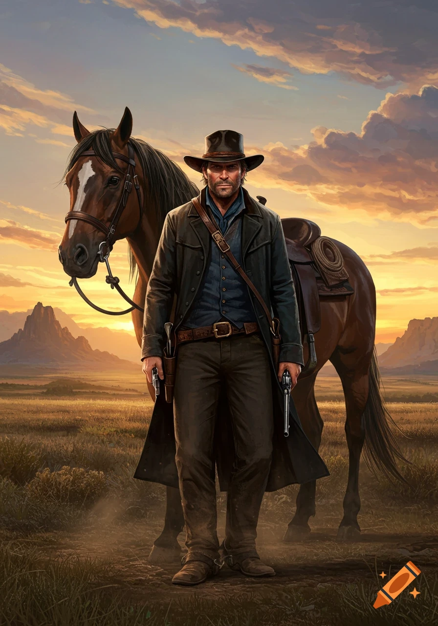 A cowboy in a duster coat, holding two revolvers, stands with his horse in a sunlit western landscape at sunset.