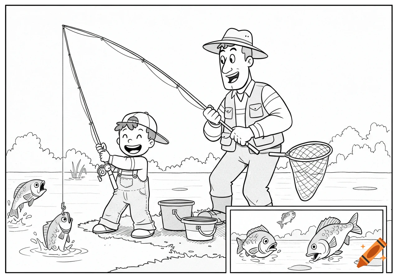 A black and white cartoon of a smiling father and son fishing, with several fish in the water.