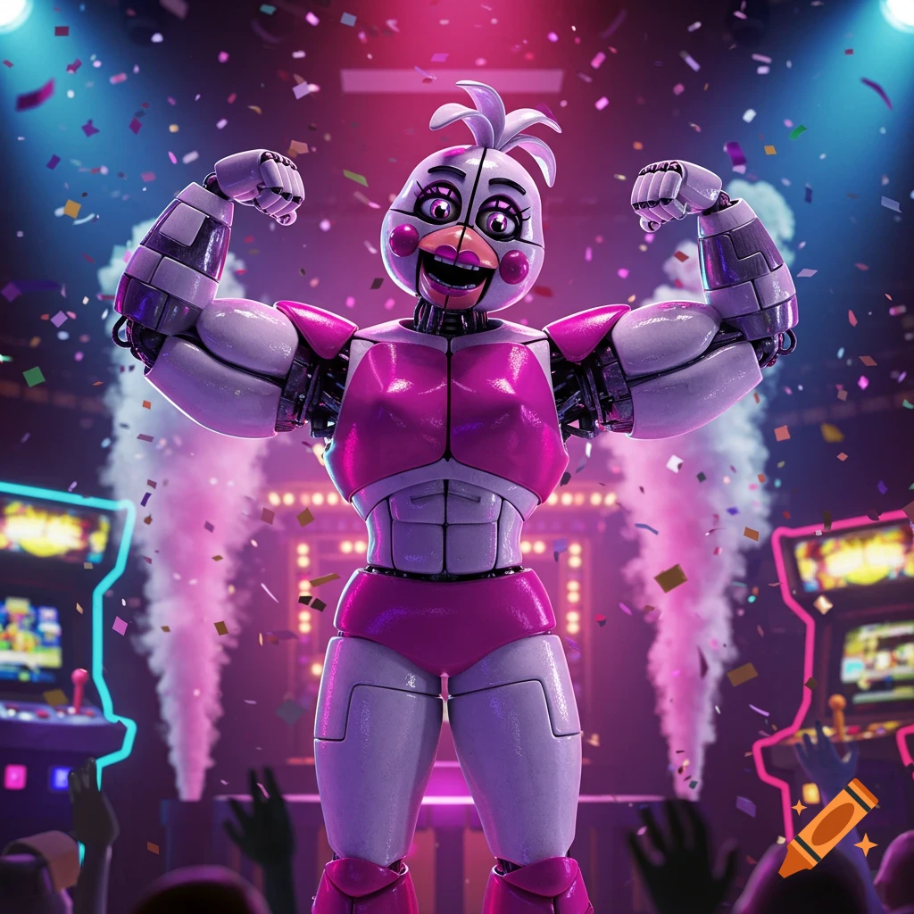 Muscular Funtime Chica, a white and pink animatronic chicken, flexes her biceps in a confetti-filled arcade with glowing lights and smoke.