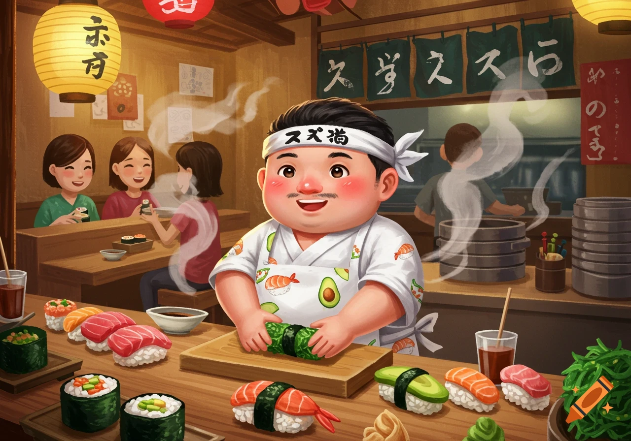 A smiling, plump cartoon chef makes sushi in a lively Japanese restaurant, surrounded by various sushi dishes and seated customers.