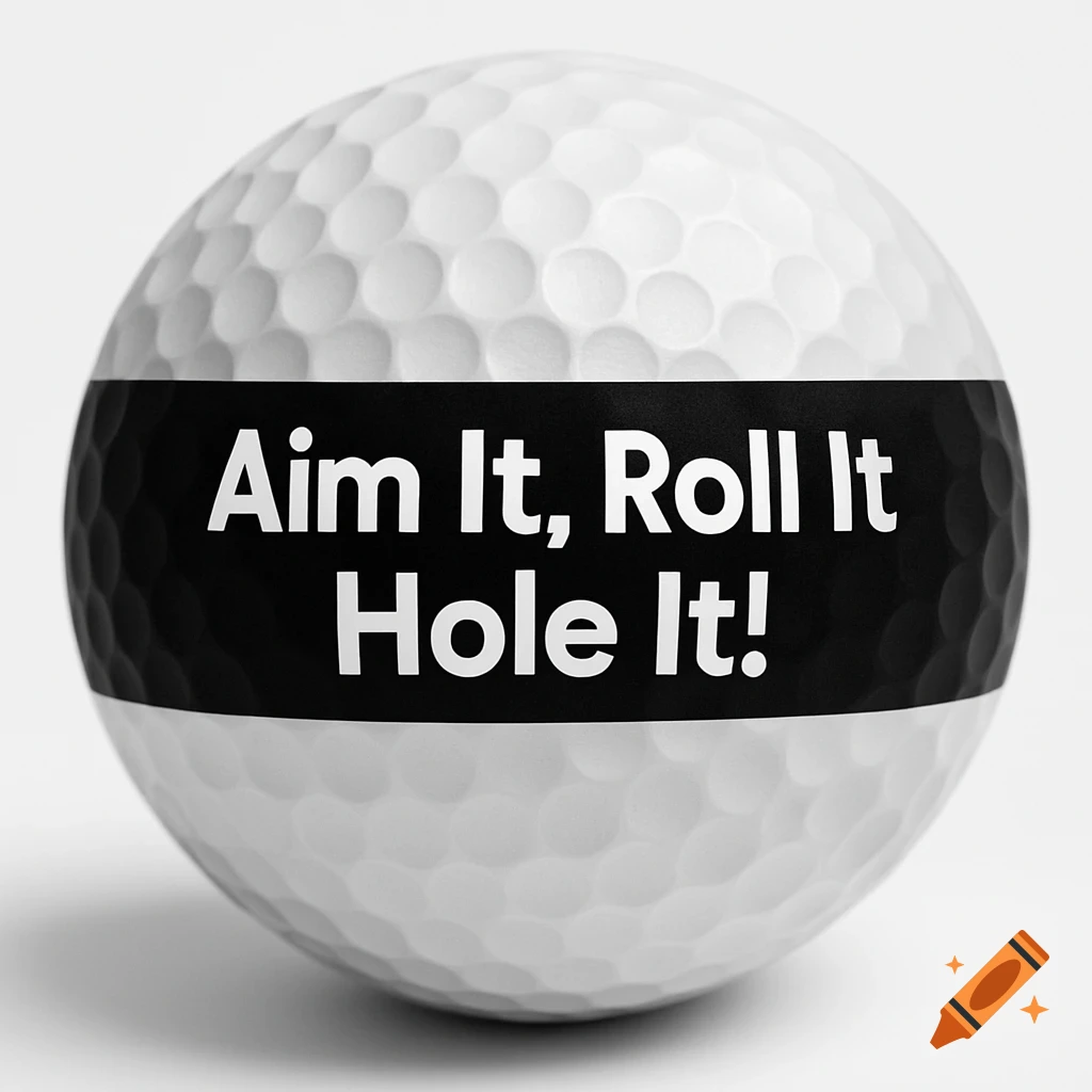 Close-up of a white golf ball with a black stripe, displaying the white text "Aim It, Roll It Hole It!"