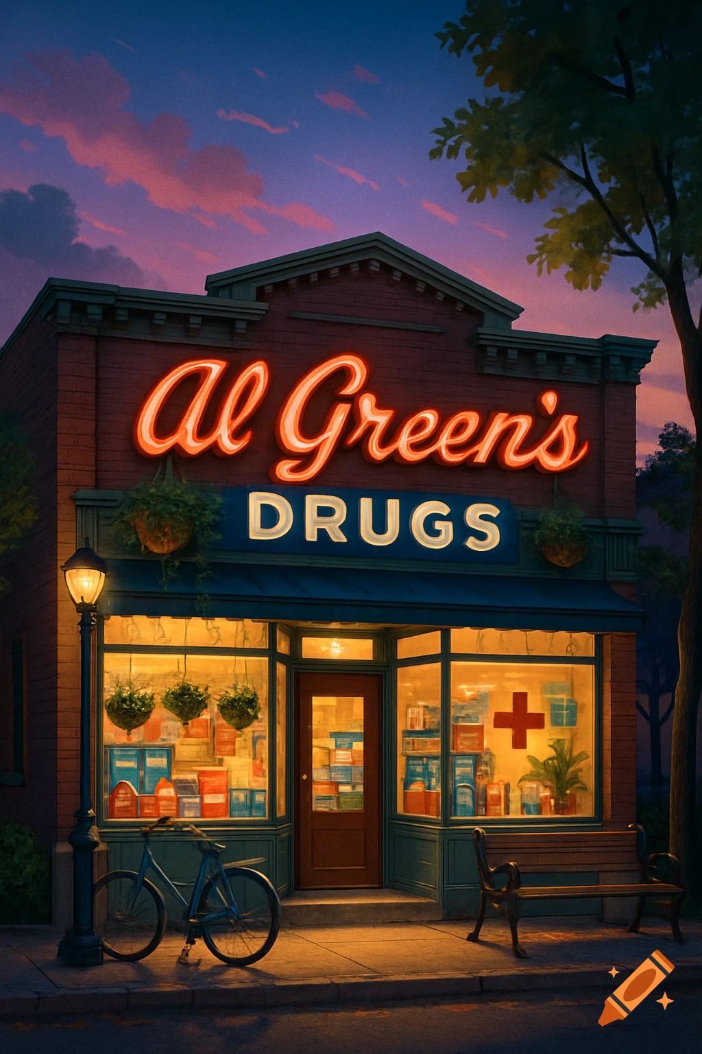Stylized illustration of 'Al Green's Drugs' storefront at dusk, with a glowing neon sign, bicycle, lamppost, and bench.