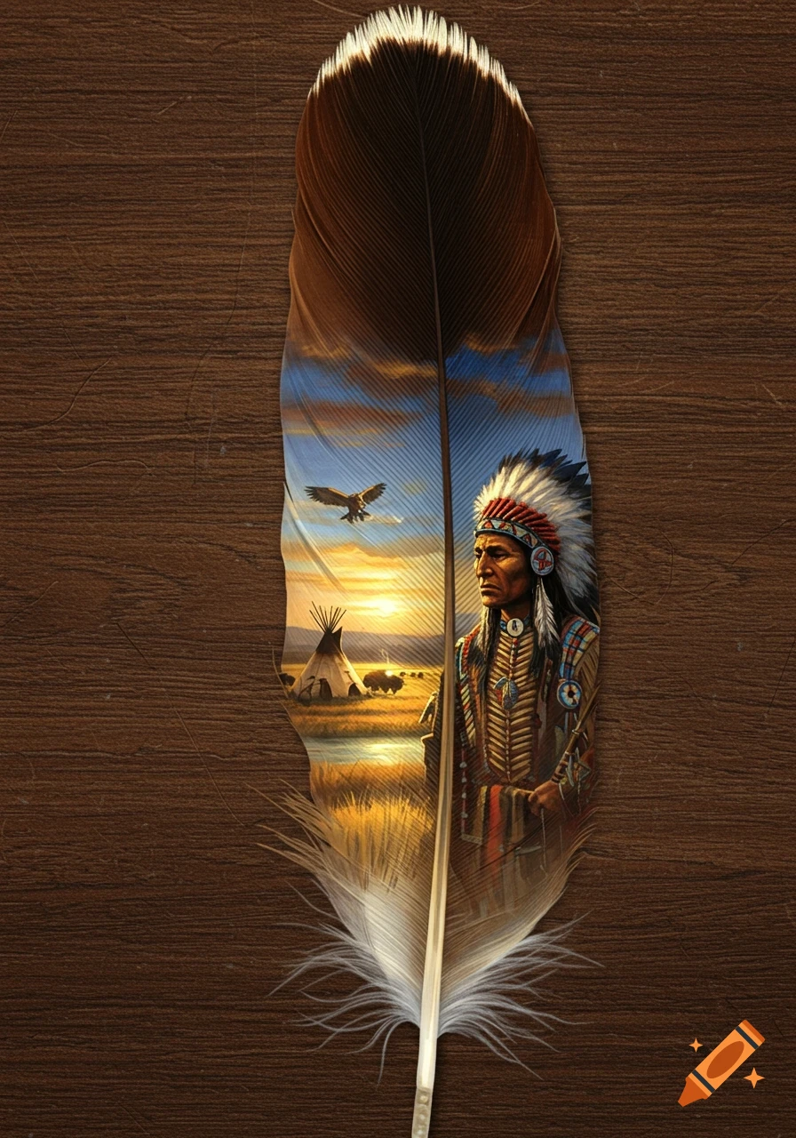 A large feather with a painted scene of a Native American chief, an eagle, teepees, and buffalo in a golden sunset landscape.