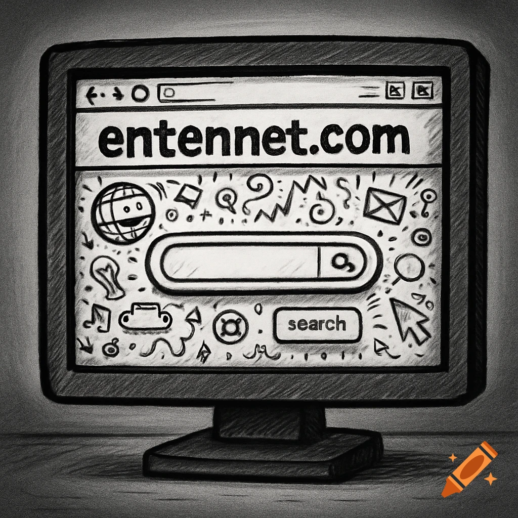 A black and white cartoon-style computer monitor showing an 'entennet.com' browser page with a search bar and doodles.