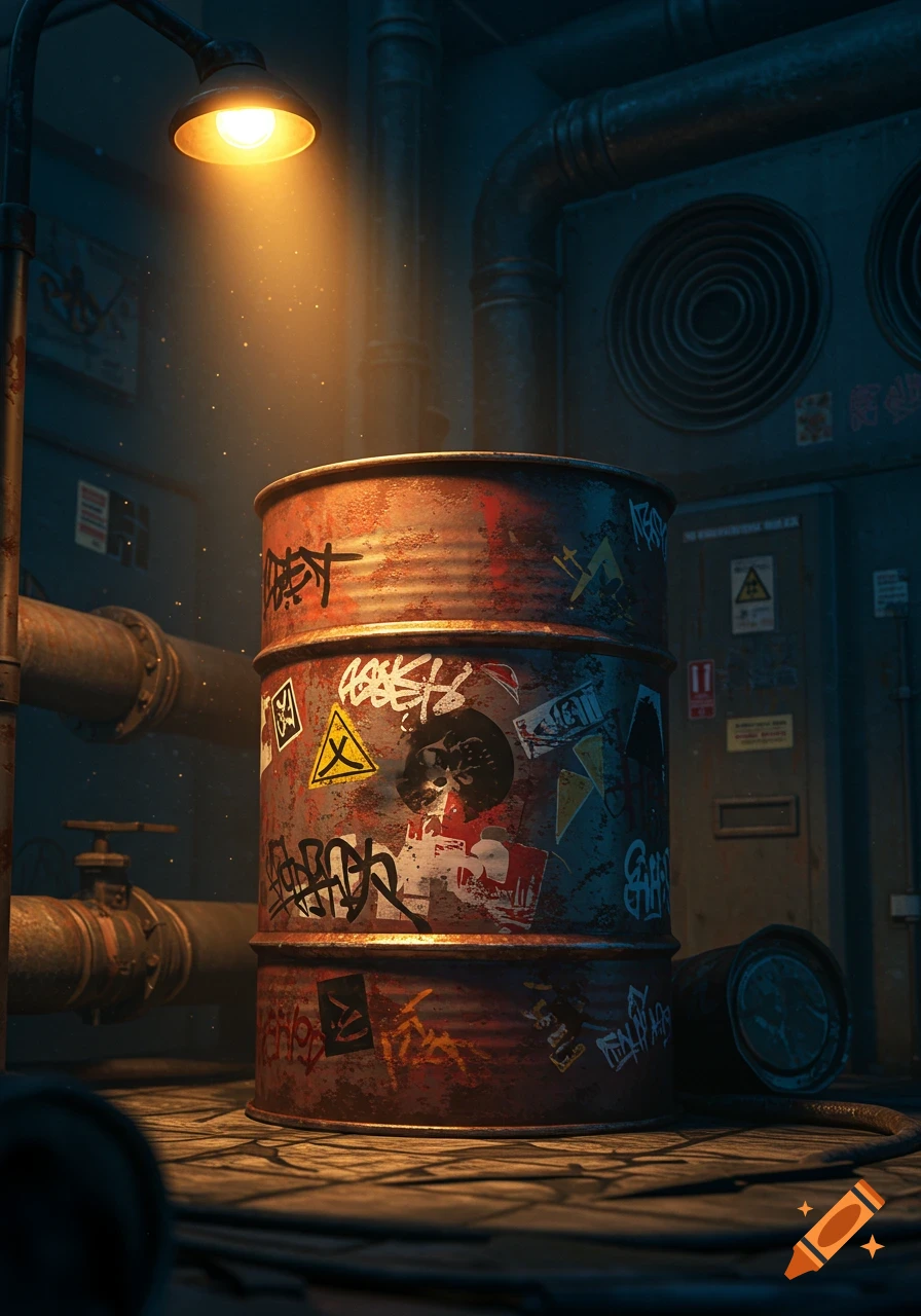 A rusty drum barrel covered in graffiti and stickers, illuminated by a street lamp in a dark, industrial alley, rendered in a realistic anime style.