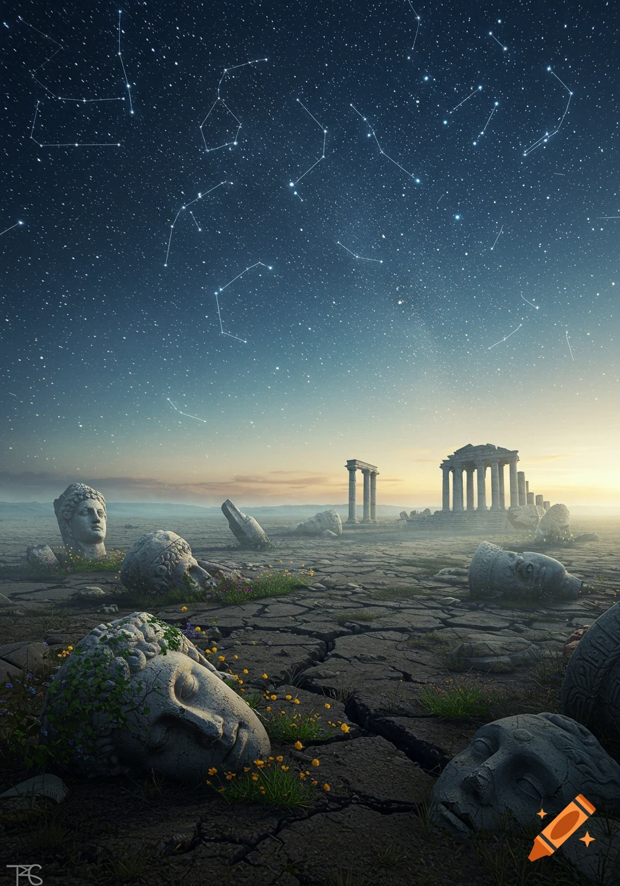 A desolate landscape with broken ancient statue heads and crumbling temple ruins under a starry night sky filled with constellations.