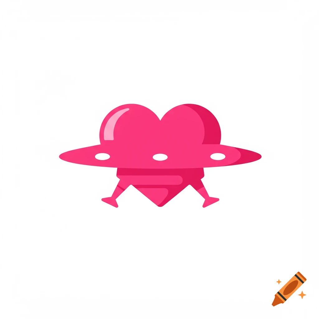 A bright pink heart-shaped UFO in a flat design style, with a retro look, on a pure white background.