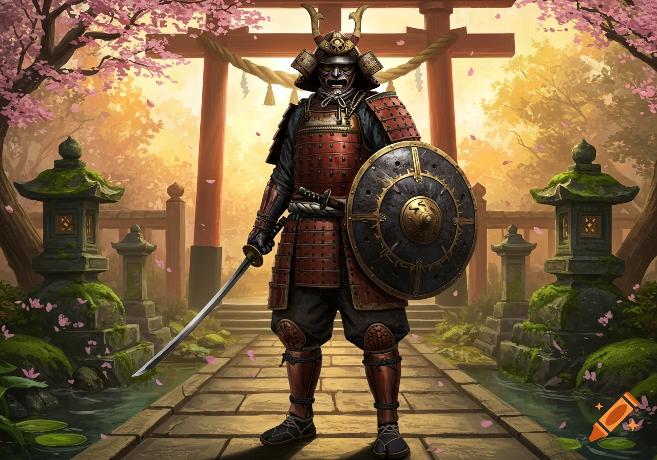 A detailed illustration of a samurai in full armor with a sword and shield, standing in a cherry blossom garden with a torii gate.