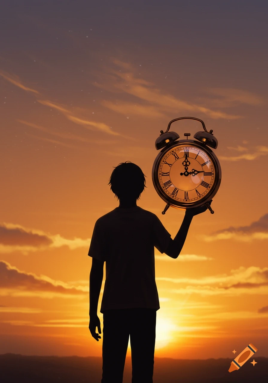 A silhouette of a person holding a large alarm clock against a vibrant orange sunset sky in an anime style.