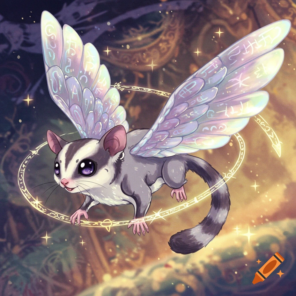A stylized sugar glider with large, iridescent, glowing fairy wings and magical glyphs, encircled by a golden magical ring, against a dreamy, celestial background.