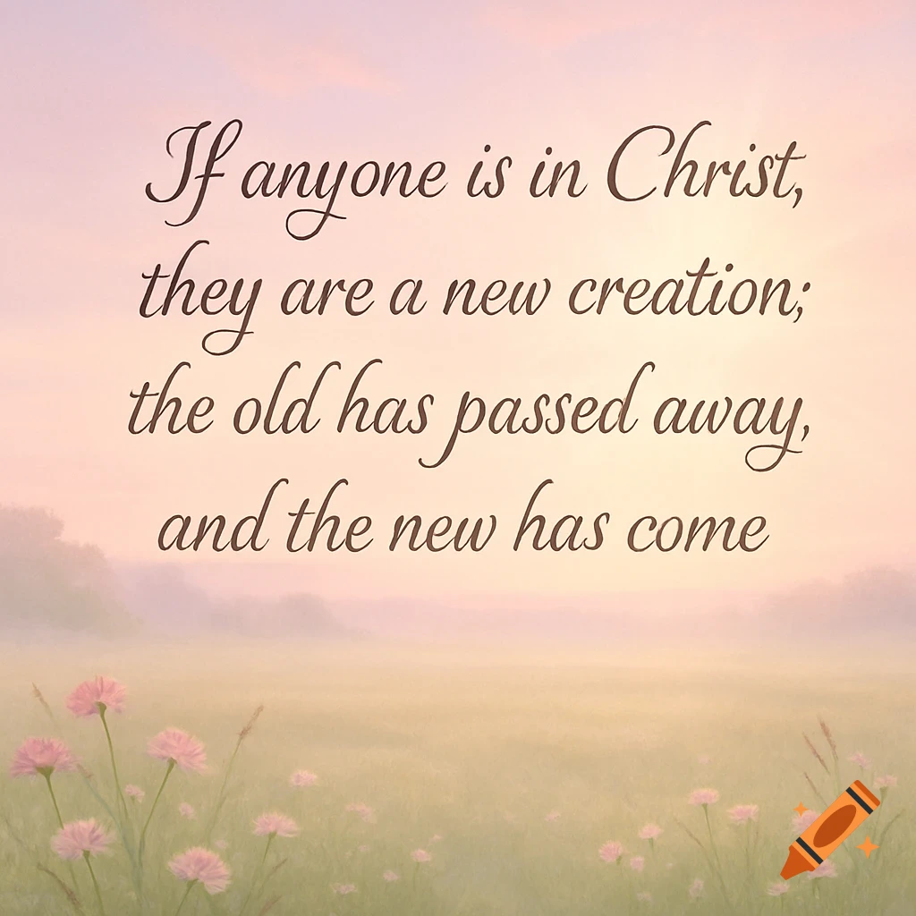 Inspirational quote 'If anyone is in Christ, they are a new creation' over a pastel landscape with pink flowers.
