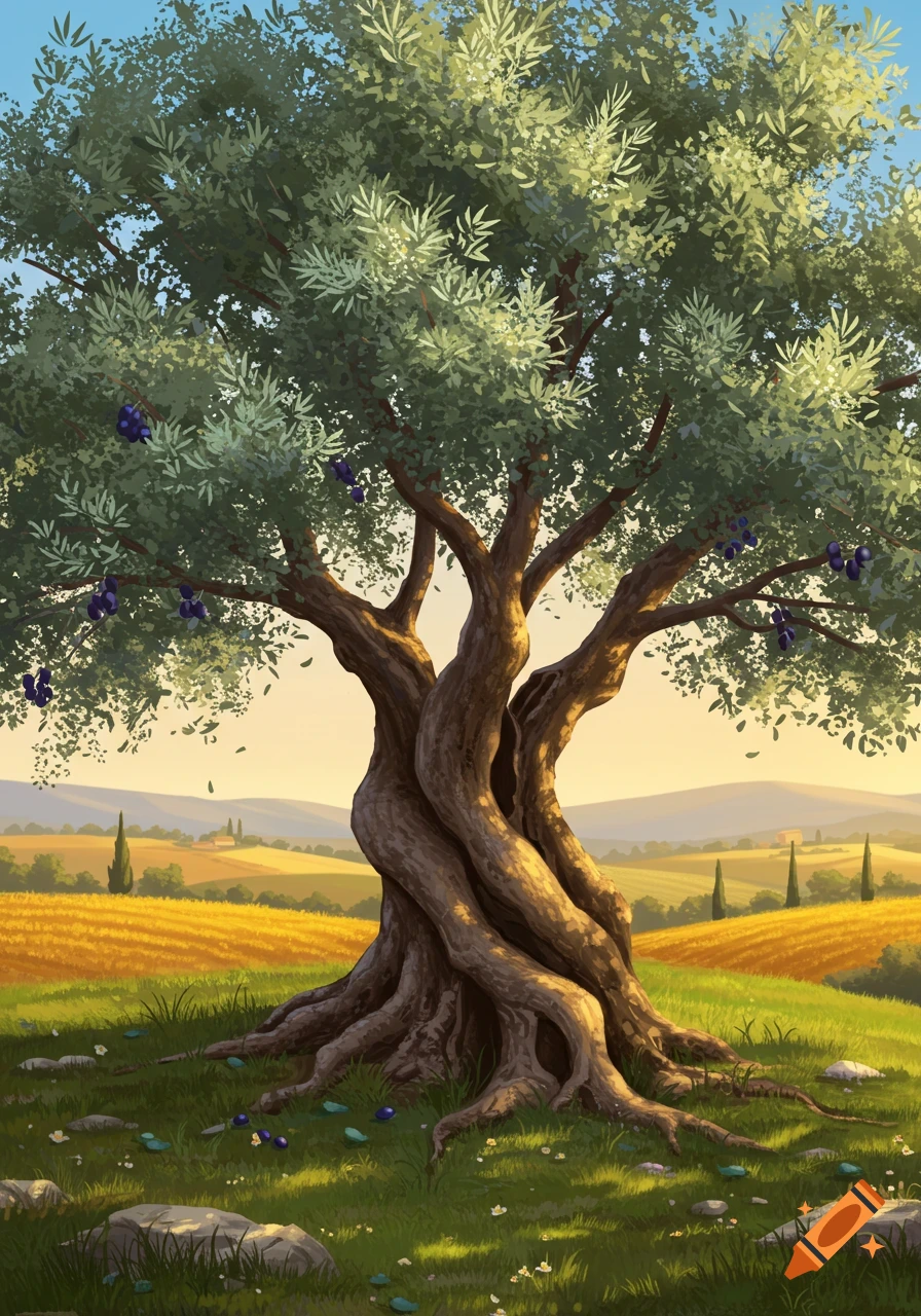 An illustrated olive tree with gnarled trunk and green leaves, standing in a grassy field with rolling hills and distant fields under a bright sky.