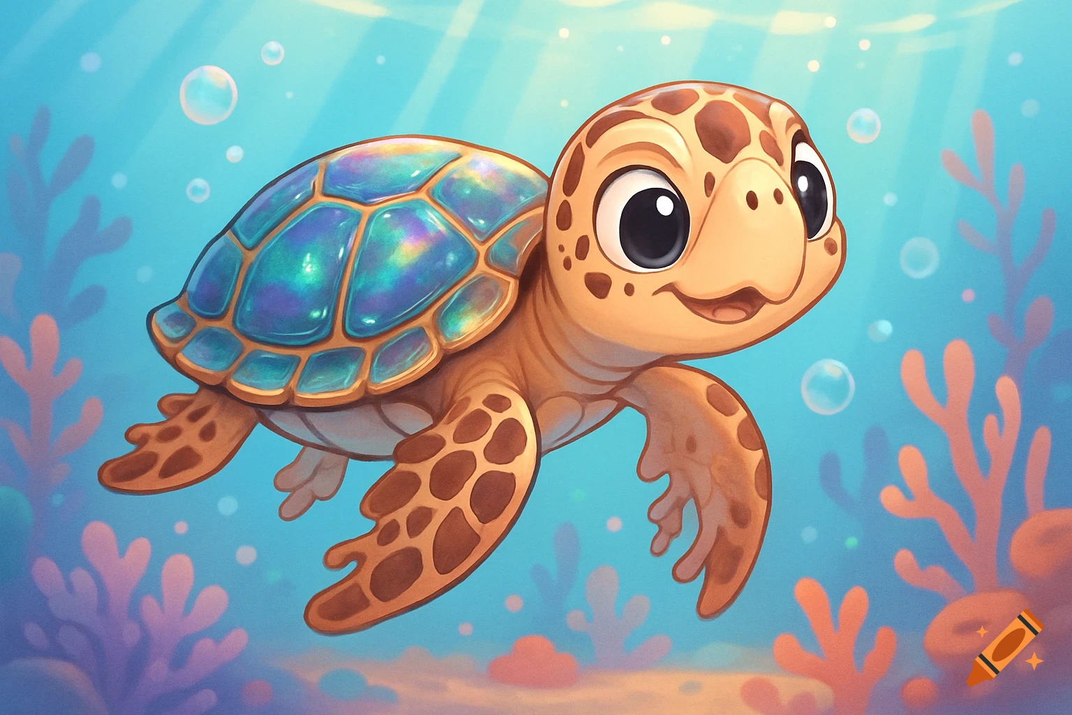 A cute cartoon sea turtle with a shiny, colorful shell floats happily underwater amongst bubbles and coral.