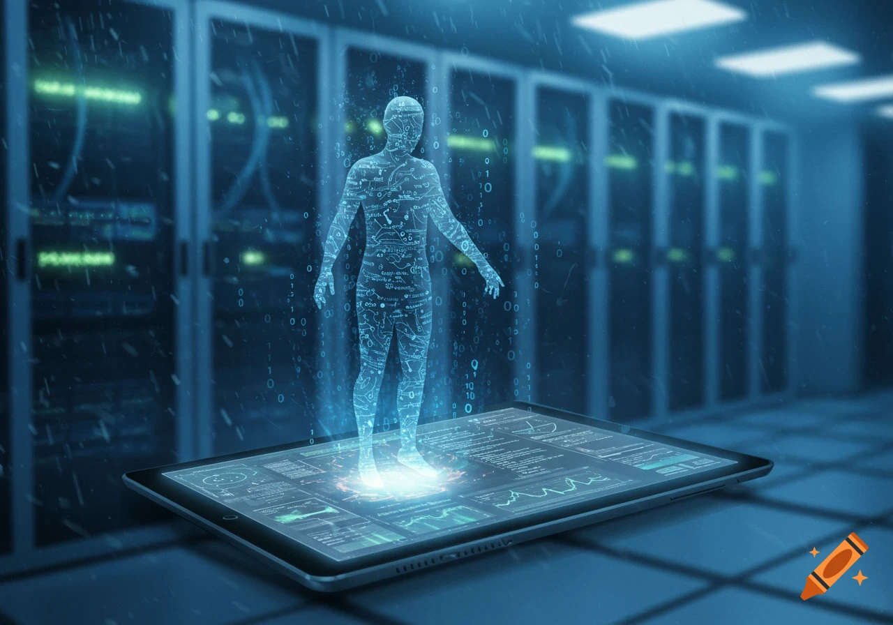 A glowing holographic human figure with circuit patterns stands on a tablet displaying data and graphs in a data center.