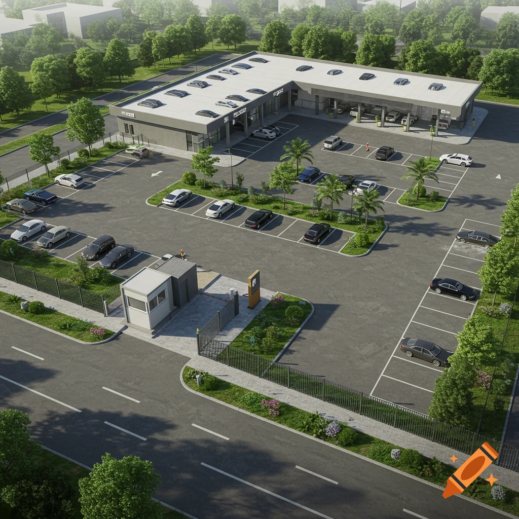 Aerial view of a car wash and service station with a large parking lot full of cars, surrounded by trees and a road.
