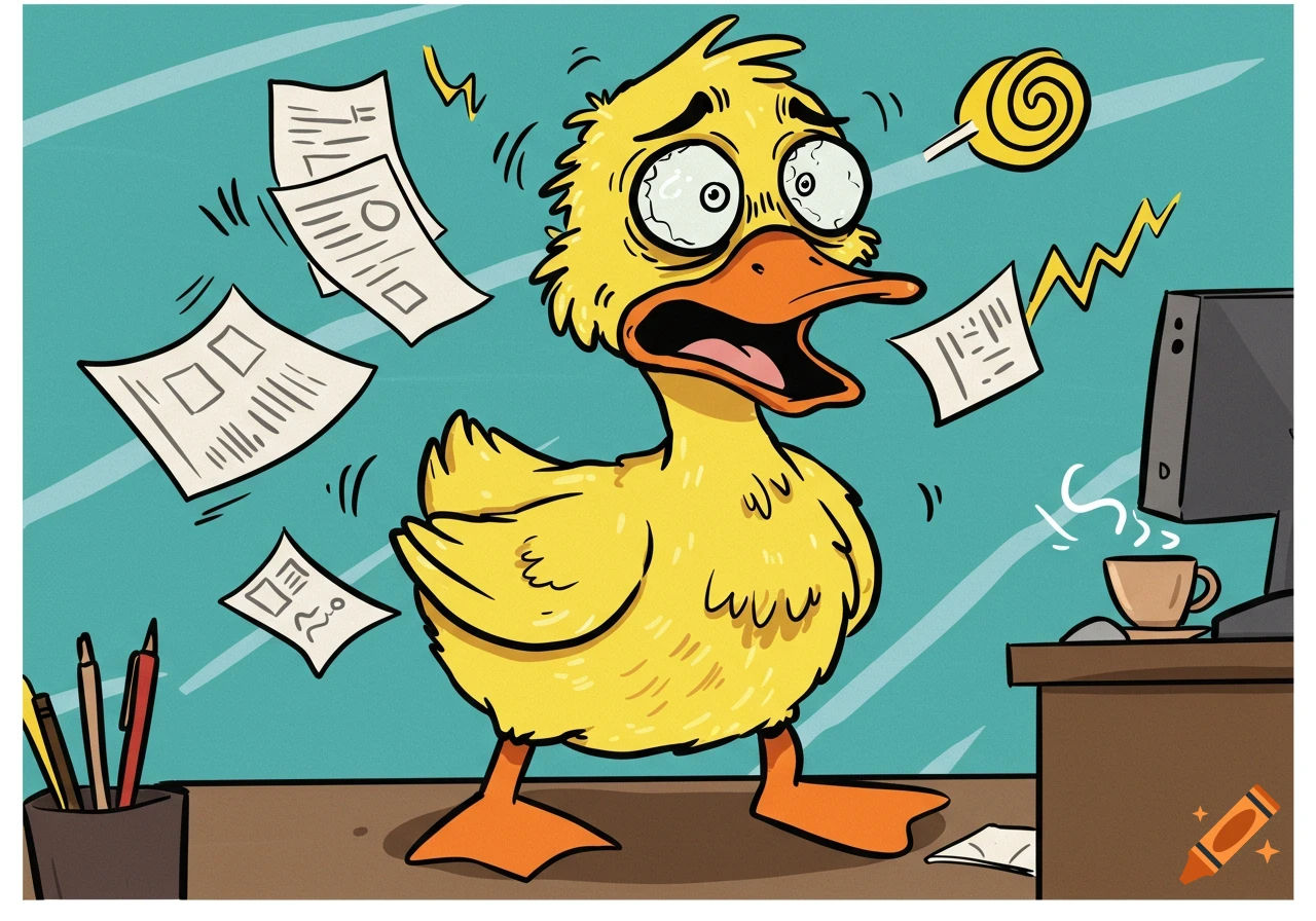 A highly stressed cartoon duck with wide eyes and open beak, surrounded by flying papers at a desk with a computer and coffee.