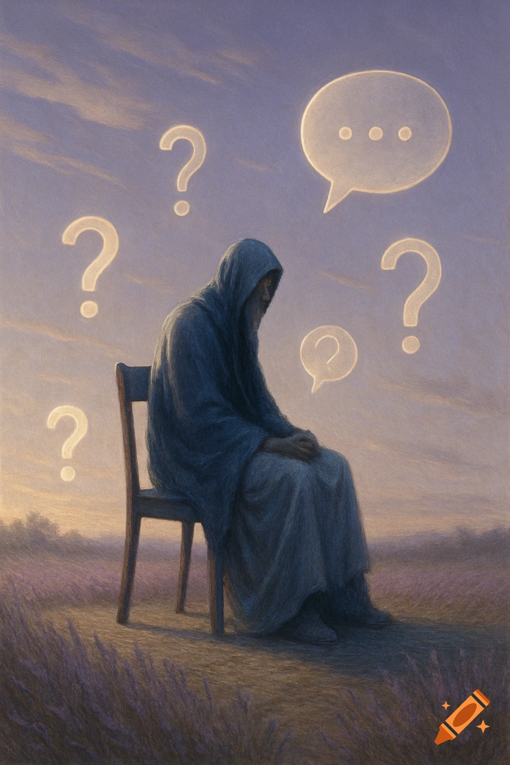 A hooded figure sits on a chair in a field under a pastel sky, surrounded by glowing question marks and a speech bubble.