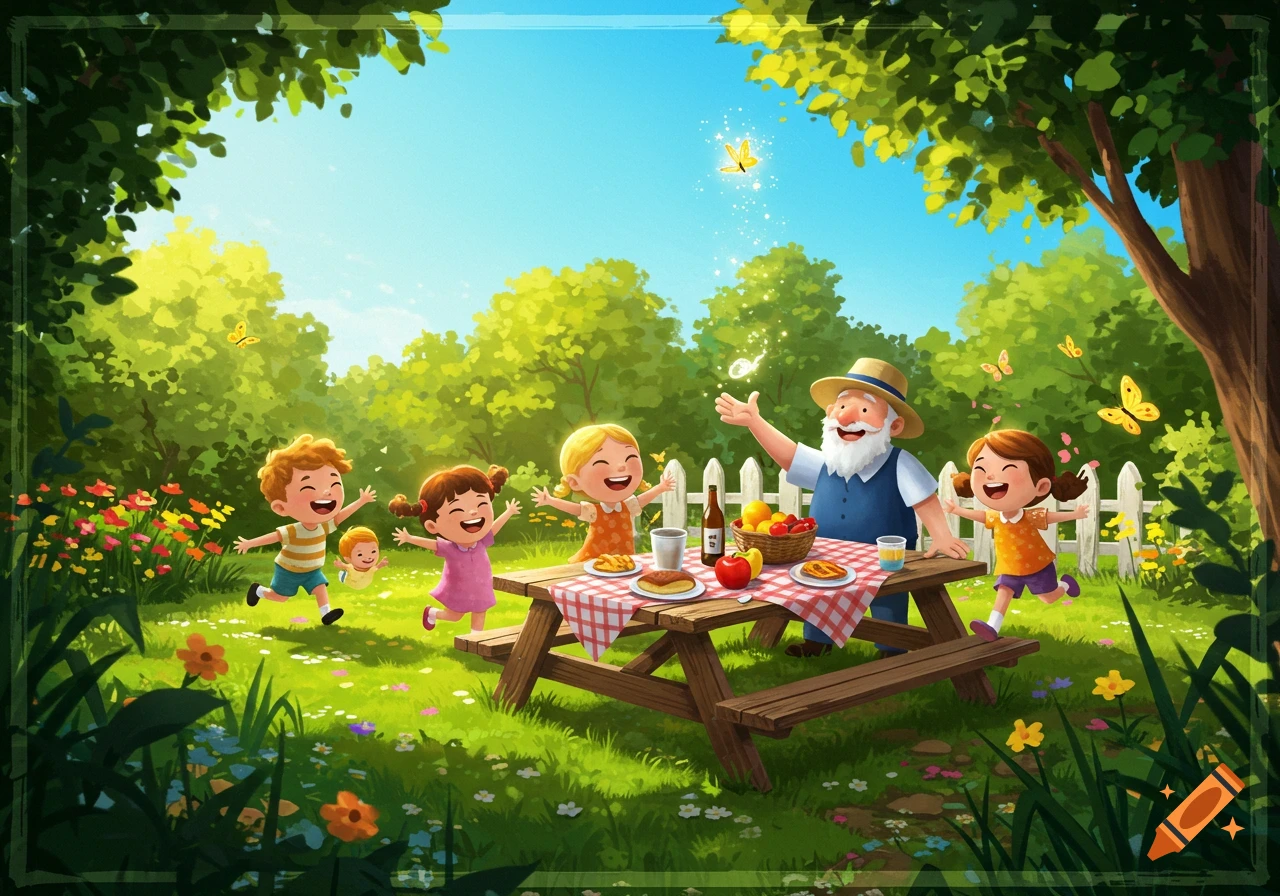 Cartoon illustration of an old man and happy children having a picnic in a sunny garden with glowing butterflies.