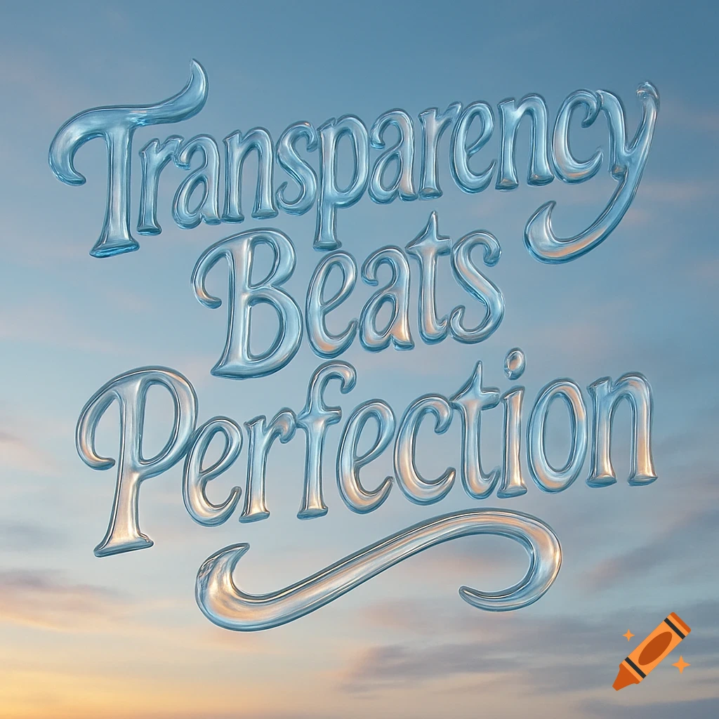 3D glass text spelling 'Transparency Beats Perfection' against a soft blue and orange sky.