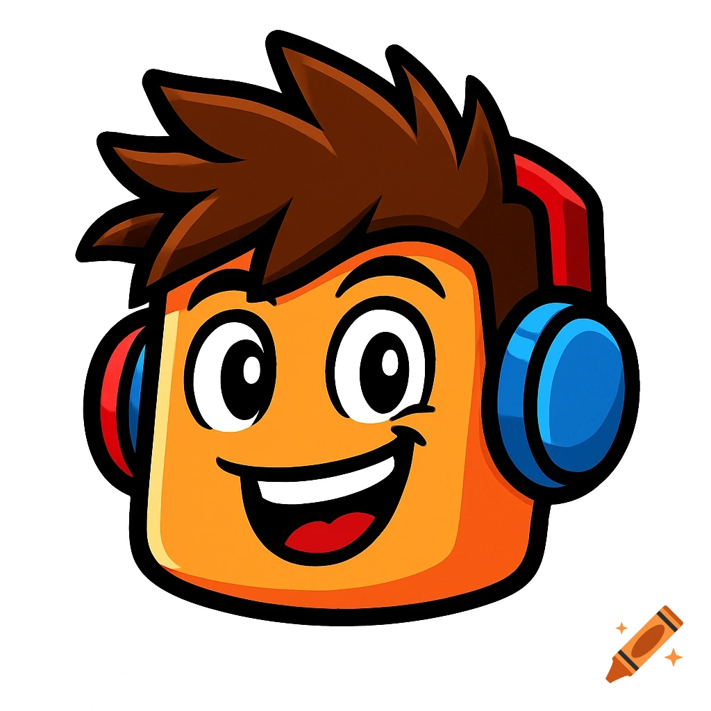 A cartoon head of a Roblox avatar with brown spiky hair, an orange face, and blue and red headphones, smiling.