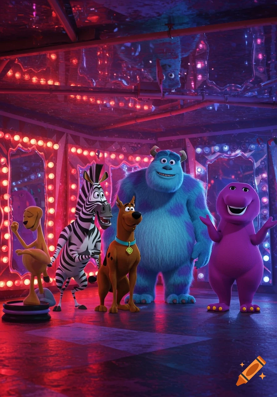 Marty the zebra, Scooby Doo, Sully, and Barney stand in a vibrant funhouse with red and blue lights, 3D animated style.