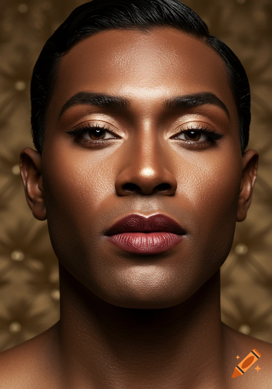 Close-up photorealistic portrait of a person with glossy champagne-gold highlight, warm brown smoky eyes, and satin blue-red lipstick, against a luxurious gold background.