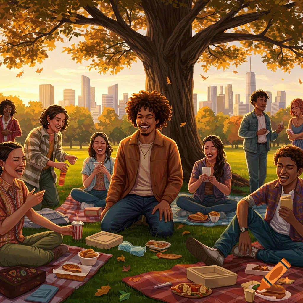 A diverse group of smiling friends enjoys a picnic under a large autumn tree in a park with a city skyline, illustrated.