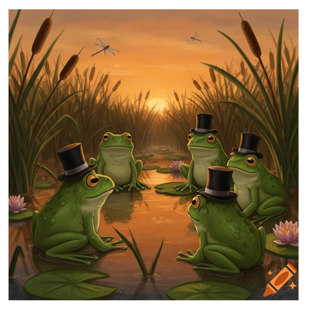 Several anthropomorphic frogs in top hats sit in a swamp with lily pads and cattails at sunset, cartoon style.