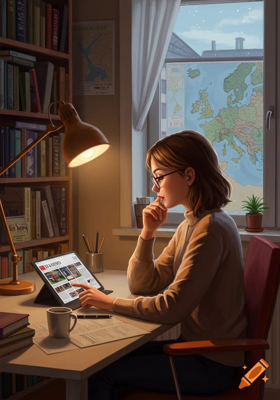 A young woman with glasses sits at a desk, looking at a tablet displaying news, with books, a lamp, and a map of Europe visible.