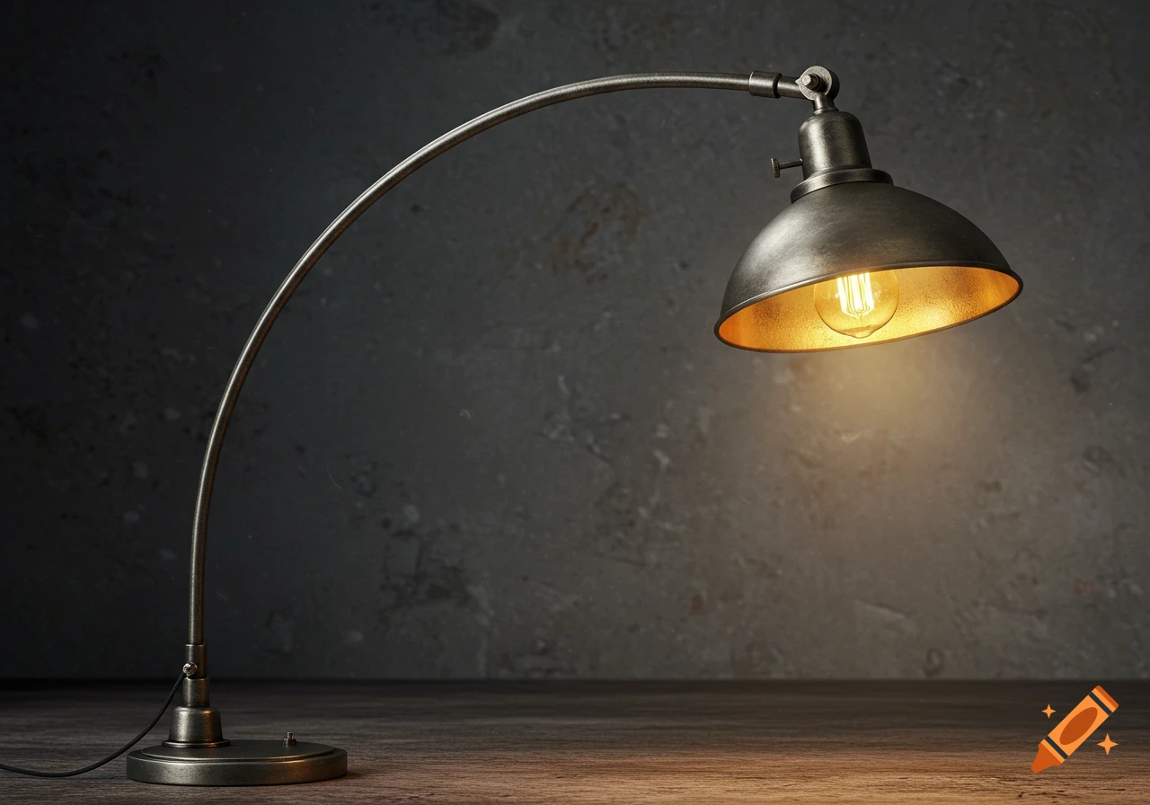 A modern industrial arc lamp with a brushed steel body and a copper-lined shade emitting a warm glow, set against a dark textured wall and wooden surface.