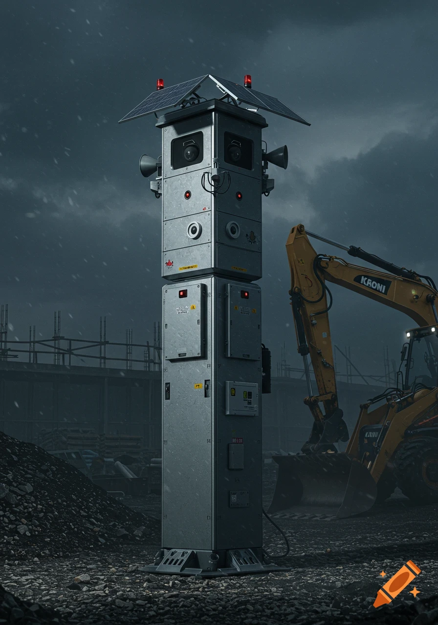 A tall, grey security tower with solar panels stands at a dark, gloomy construction site next to a yellow excavator.