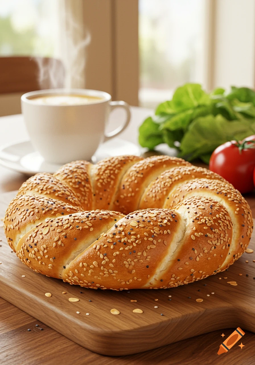 Photorealistic image of a large, braided bagel with sesame and poppy seeds on a wooden board, with coffee, lettuce, and a tomato in the background.