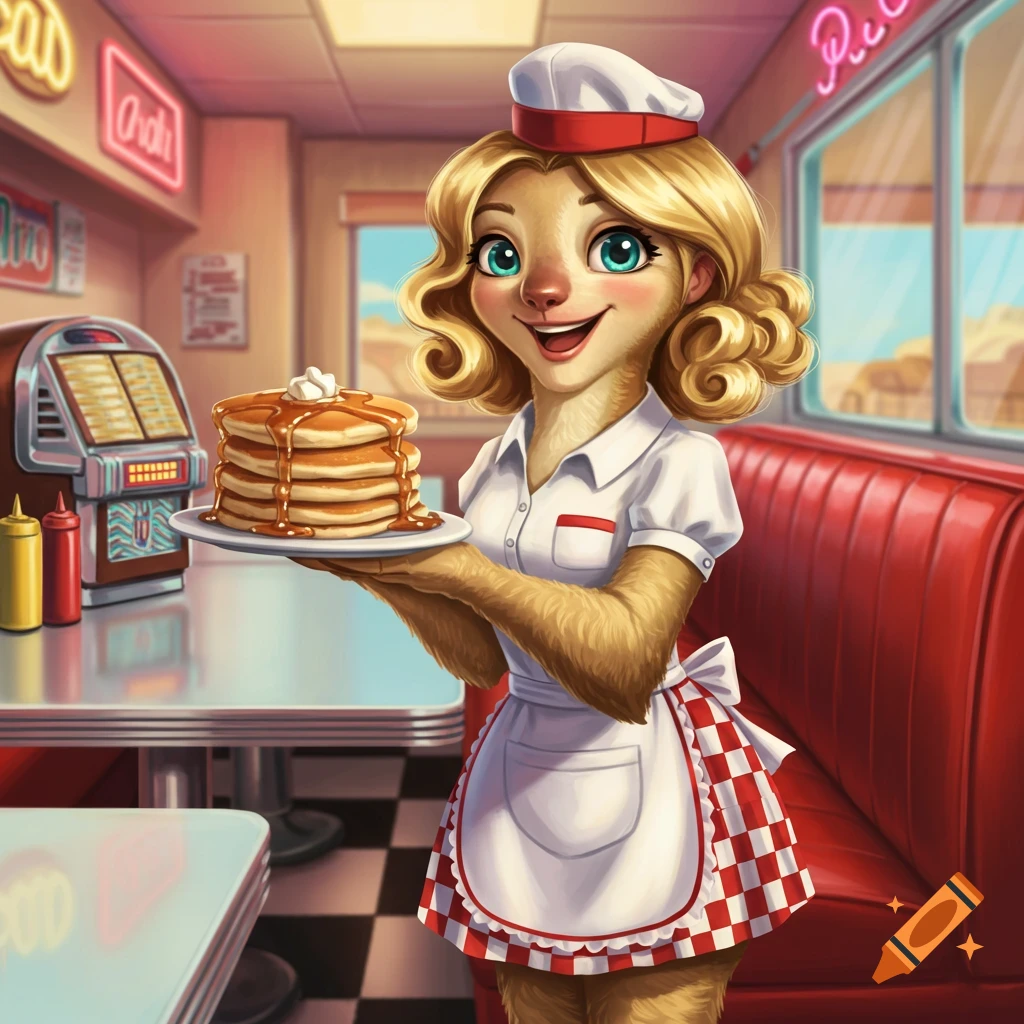 A cartoon anthropomorphic sloth waitress with blonde hair, a white uniform, and a checkered apron smiles while holding a plate of pancakes in a retro diner.