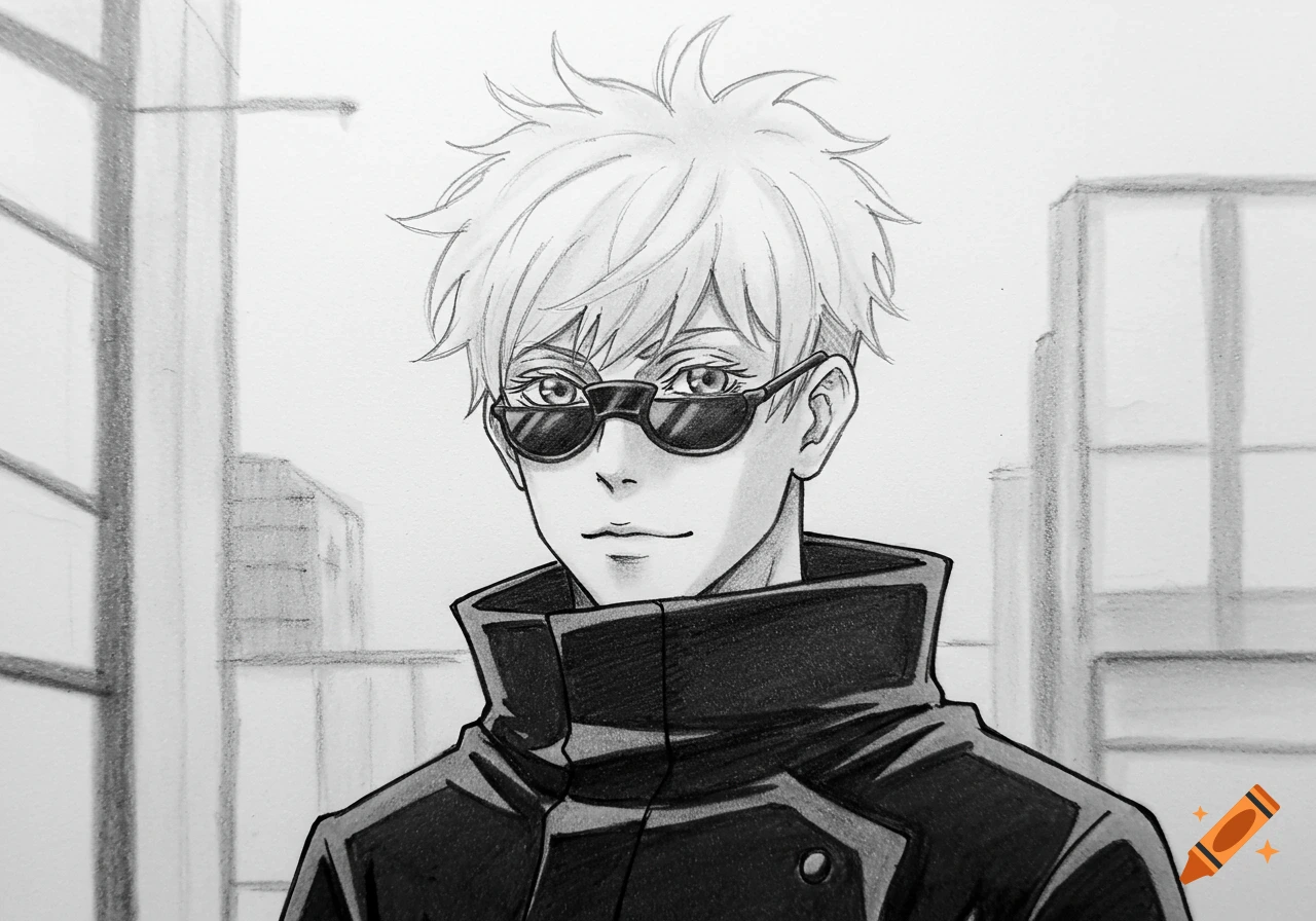 Black and white pencil drawing of anime character Gojo Satoru wearing sunglasses against a blurred city background.