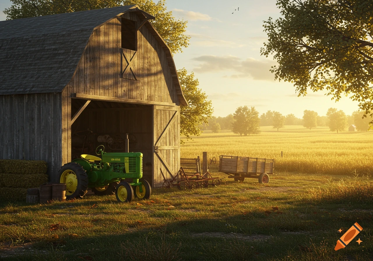 A green John Deere tractor parked in front of a weathered wooden barn at sunrise, with a golden field and trees in the background.