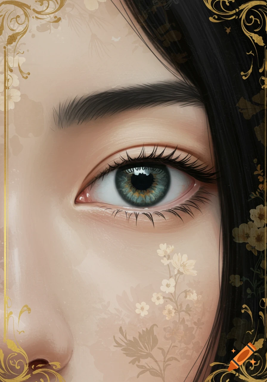 Close-up illustration of a Japanese woman's greenish-blue eye, long lashes, subtle floral skin patterns, and a golden decorative border.