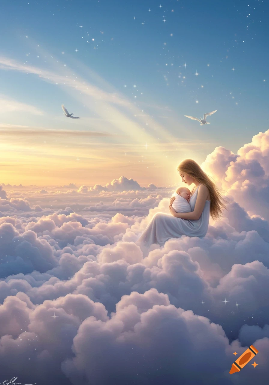 A woman in a white dress sits cradling a swaddled baby on fluffy clouds, illuminated by sunbeams in a serene sky with birds and sparkling stars.