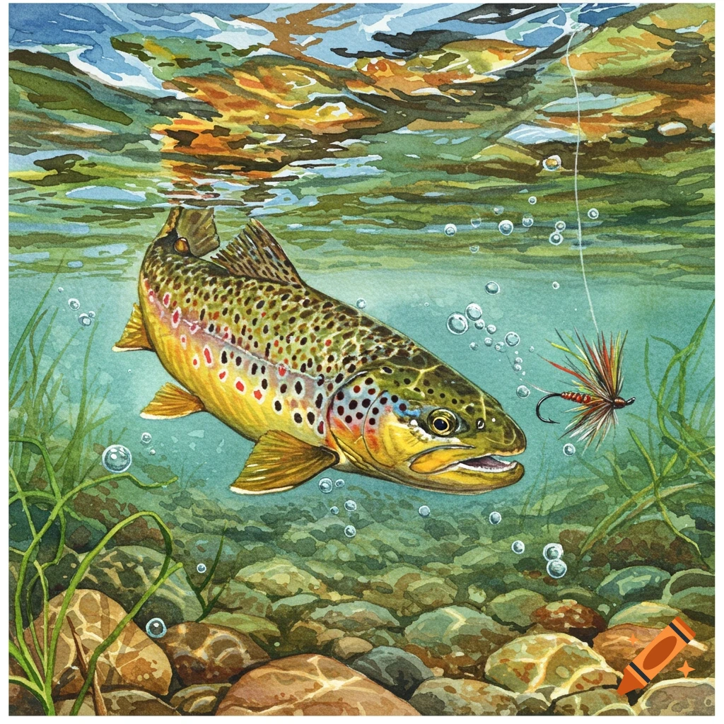 Watercolor illustration of a brown trout swimming underwater, poised to strike a fishing lure near a rocky riverbed.
