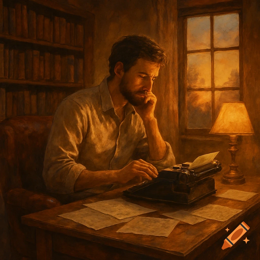 A man in a vintage, painterly style, sits at a desk with a typewriter, focused on writing, with books and a window behind him.