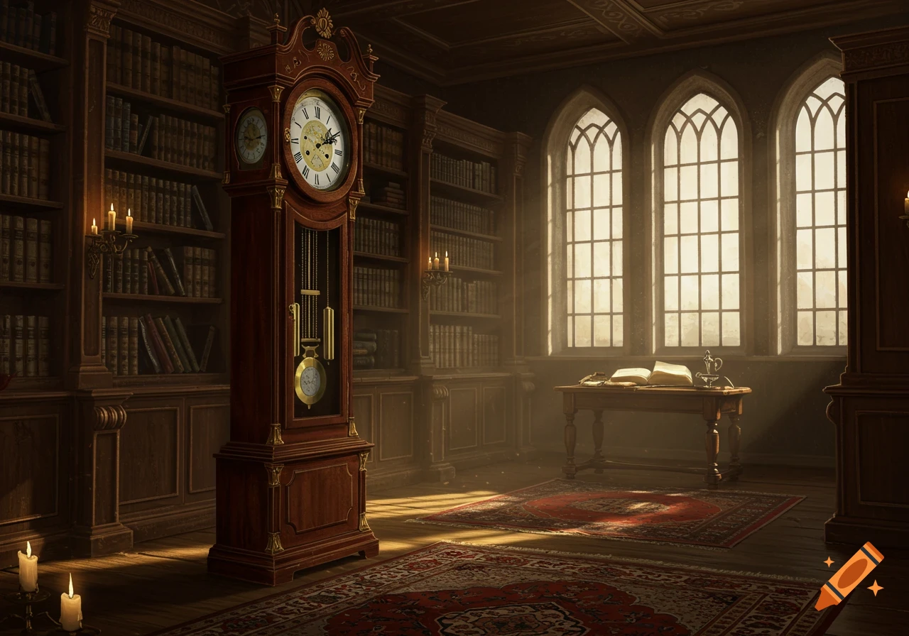 A grand, dimly lit library features a tall wooden grandfather clock with golden accents, surrounded by bookshelves and arched windows bathing a desk in sunlight.