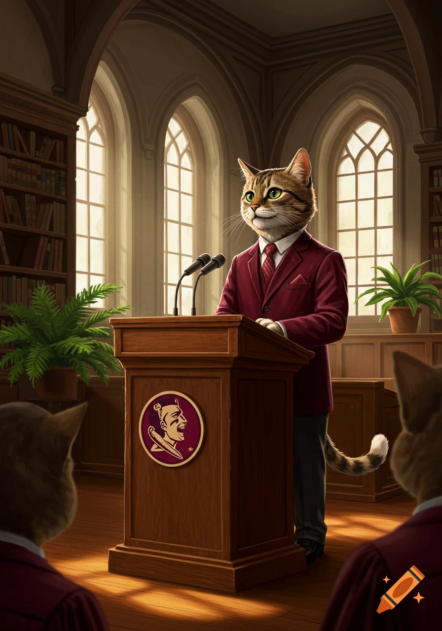 A tabby cat in a maroon suit speaks at a wooden podium with a university logo in a grand hall with arched windows.