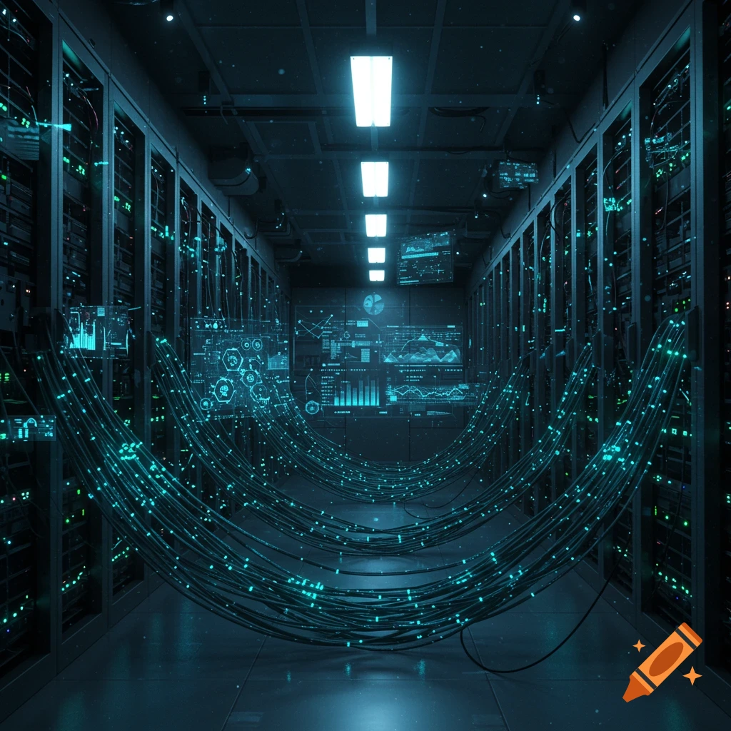 Dark, futuristic data center with rows of server racks and glowing blue cables connecting them, displaying holographic data.