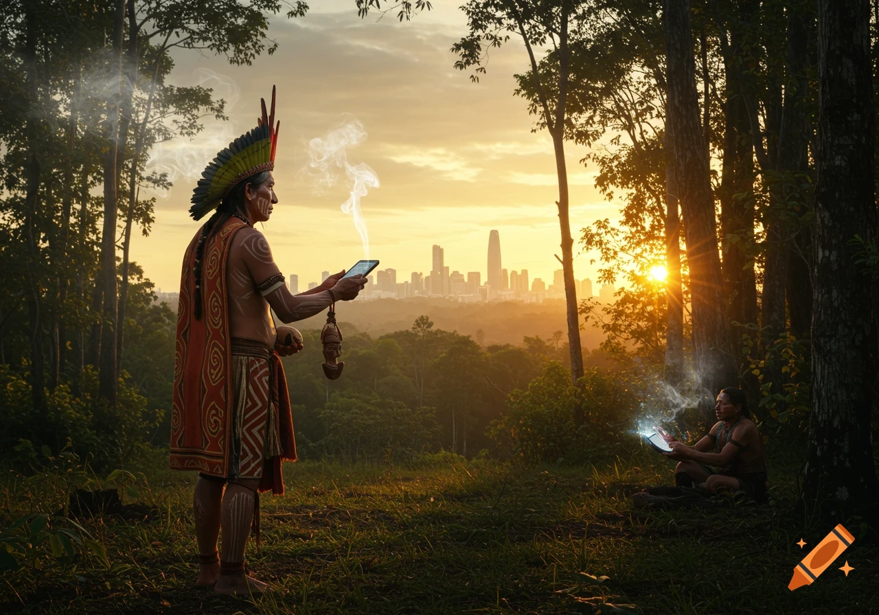 Two indigenous men in traditional attire in a forest, holding glowing tablets, with a modern city skyline at sunset.