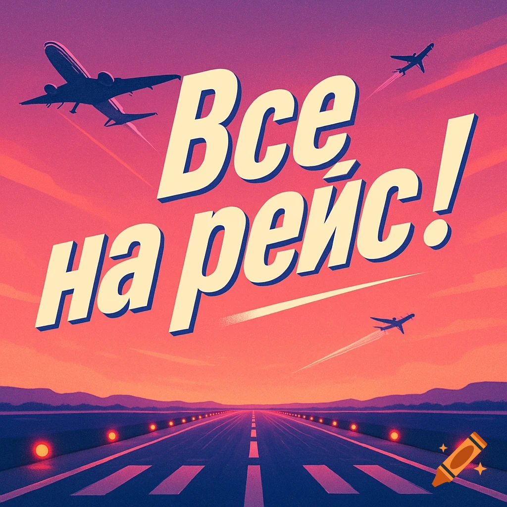 Retro-style travel poster with "Все на рейс!" (All Aboard!) text, featuring airplanes flying over an airport runway at sunset.