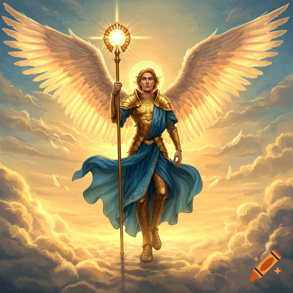 Archangel Raphael in golden armor, blue robes, with large wings, stands on clouds holding a glowing staff.