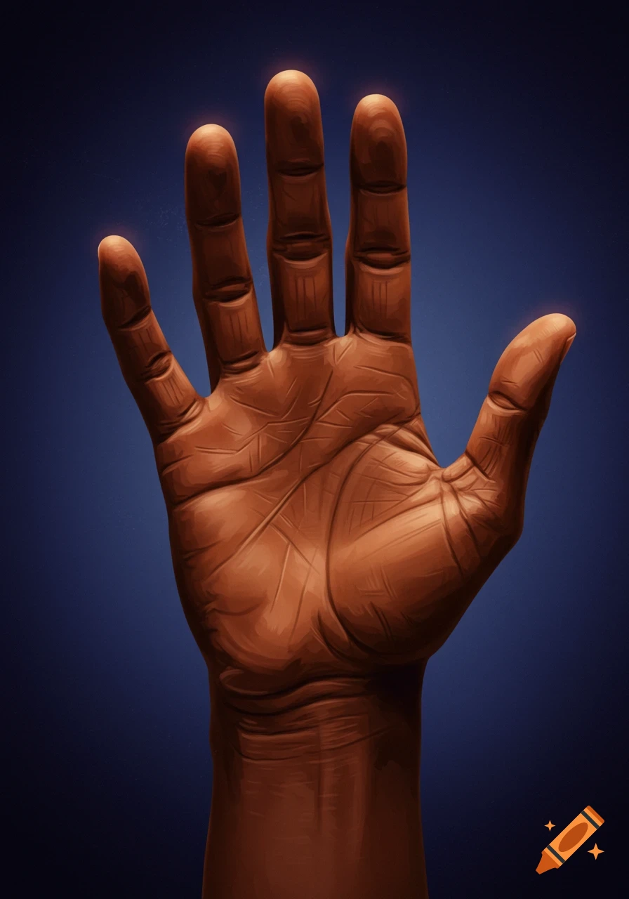 Illustrative painting of a dark-skinned hand with palm facing forward and glowing fingertips against a dark blue background.