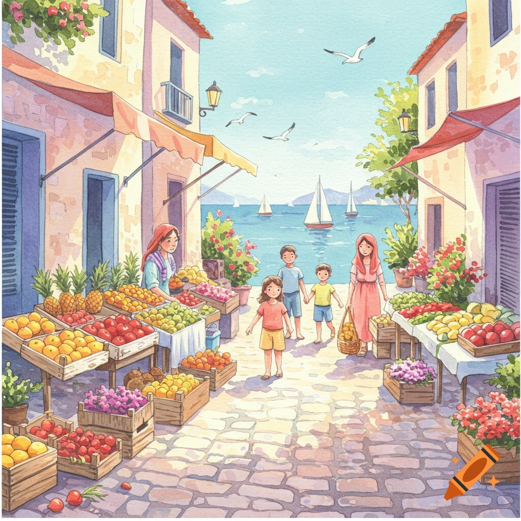 Watercolor painting of a bustling outdoor market street in a coastal town, with people, fruit stalls, buildings, and sailboats on the sea.