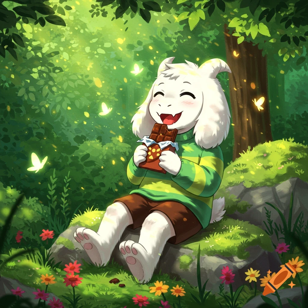 Asriel Dreemurr, a white goat-like character, happily eats a chocolate bar in a vibrant forest with glowing butterflies and colorful flowers.